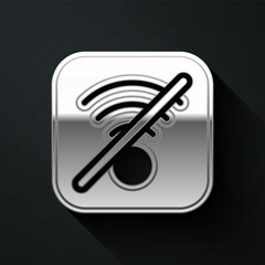 Silver No Wi-Fi wireless internet network symbol icon isolated on black background. Long shadow style. Vector