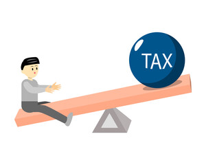 Young man sitting on seesaw his opposite is a tax ball which rolling to him. tax cost concept