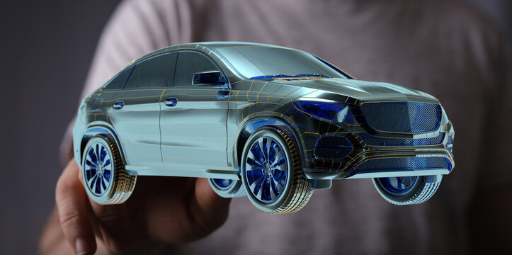 Autonomous car with HUD graphic of Navigation system driving - Powered by Adobe