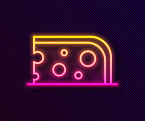 Glowing neon line Cheese icon isolated on black background. Vector
