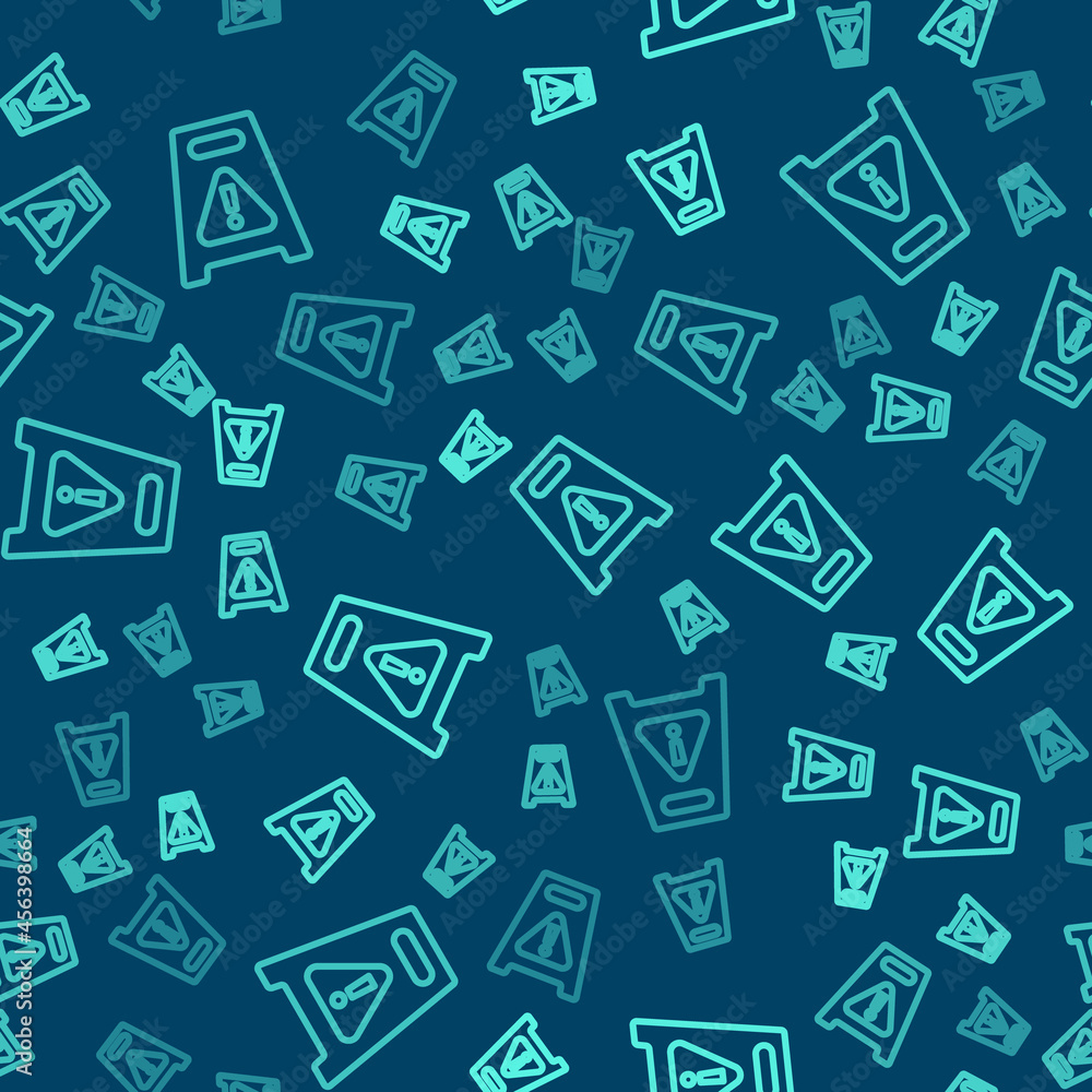 Poster green line wet floor and cleaning in progress icon isolated seamless pattern on blue background. cle
