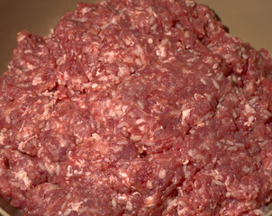 Red meat passed through a meat grinder in a large plastic bowl.