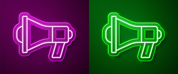 Glowing neon line Megaphone icon isolated on purple and green background. Speaker sign. Vector