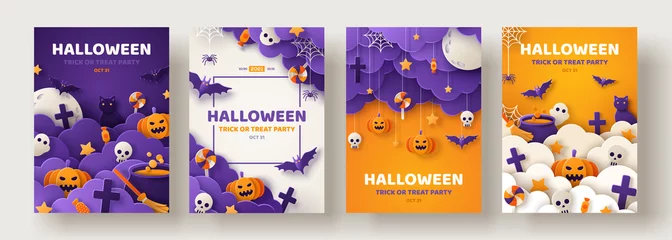 Foto op Canvas Happy Halloween party posters set with night clouds and pumpkins in paper cut style. Vector illustration. Full moon, witch cauldron, spiders web and flying bat. Place for text. Brochure background © kotoffei
