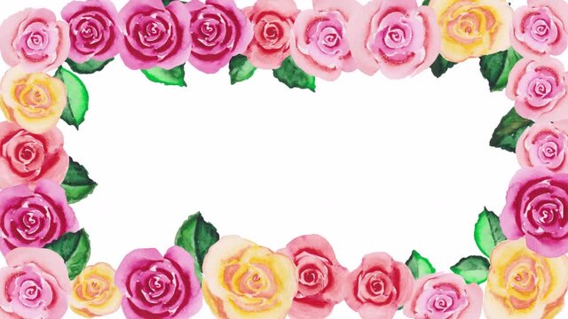 Hand painted. Animated frame of watercolor roses. Animated background for video, video exhibition