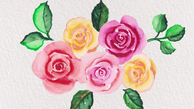 Animated Hand painted watercolor roses. Heart background. Festive video background, animated background for video, video exhibition