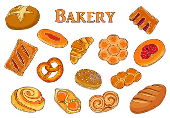 Colorful hand drawn bakery set. Bred, loaf, croissant, buns in doodles style. Vector illustrations.