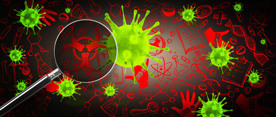 Microscopic view of corona virus cells. 3D illustration