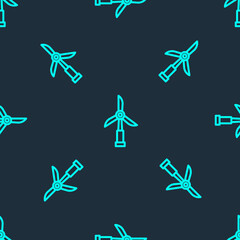 Green line Wind turbine icon isolated seamless pattern on blue background. Wind generator sign. Windmill for electric power production. Vector