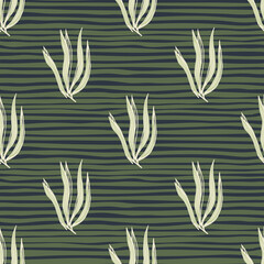 Vintage abstract seaweeds seamless pattern on stripe background.