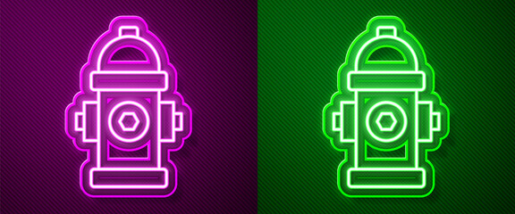 Glowing neon line Fire hydrant icon isolated on purple and green background. Vector