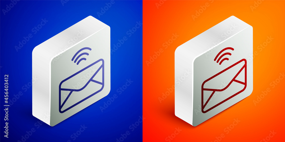 Poster Isometric line Mail and e-mail icon isolated on blue and orange background. Envelope symbol e-mail. Email message sign. Silver square button. Vector