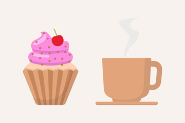 Cake and coffee cup flat design vector illustration