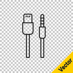 Black line USB cable cord icon isolated on transparent background. Connectors and sockets for PC and mobile devices. Vector