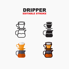 Dripper icon symbol set of outline, solid, flat and filled outline style. Isolated on white background. Editable stroke vector icon.