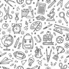 School and education seamless pattern on a white background. Stationery vector supplies in doodle sketch style for children.