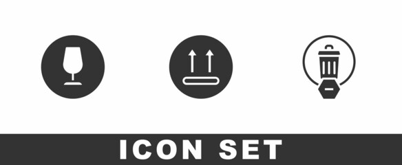 Set Fragile broken glass, Temperature wash and Trash can icon. Vector