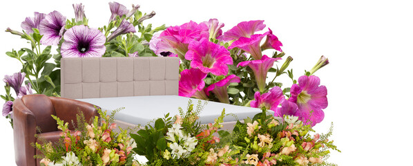 bed furniture vintage brown leather sofa surrounded by beautiful flowers  isolated on white background with clipping path