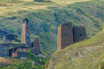 Ancient Georgian Village - Dartlo, Tusheti, Kakheti Region. Stone houses and towers