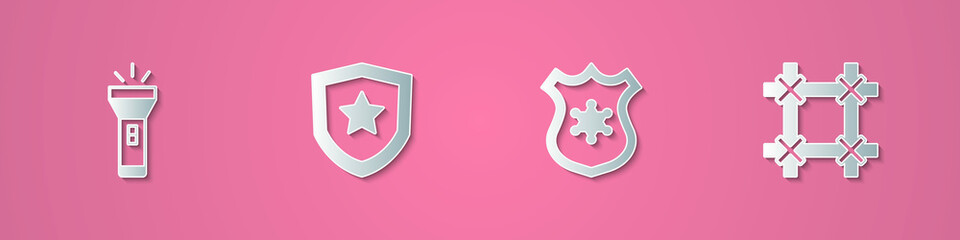 Set paper cut Flashlight, Police badge, and Prison window icon. Paper art style. Vector