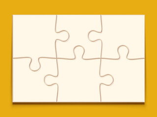Puzzle 3x2 grid. Jigsaw with 6 pieces, mind puzzles mockup and mosaic game vector illustration