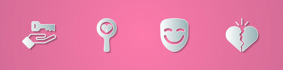 Set paper cut Solution to the problem, Broken heart or divorce, Comedy theatrical mask and icon. Paper art style. Vector