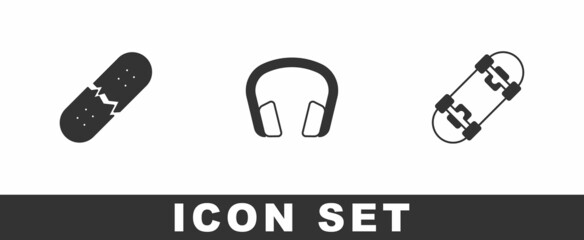 Set Broken skateboard deck, Headphones and Skateboard icon. Vector