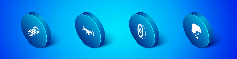 Set Isometric Skateboard deck, ball bearing, helmet and wheel icon. Vector