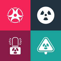 Set pop art Triangle with radiation, Radioactive warning lamp, and Biohazard symbol icon. Vector