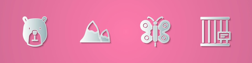 Set paper cut Bear head, Mountains, Butterfly and Animal cage icon. Paper art style. Vector