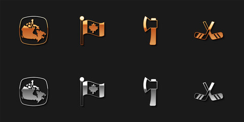 Set Canada map, Flag of, Wooden axe and Ice hockey sticks icon. Vector