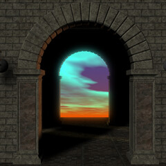 3d illustration of an old and mysterious entrance with a colorful light
