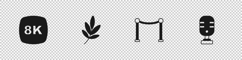 Set 8k Ultra HD, Movie trophy, Rope barrier and Microphone icon. Vector