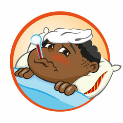 Illustration represents an afro-descendant child sick in bed with symptoms of fever and with a thermometer in the mouth. Ideal for educational and institutional materials
