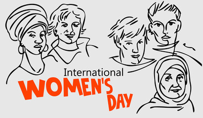 Banner for International Women's Day - diverse female faces from around the world, a diverse group of hand-drawn women. Black and white vector sketch
