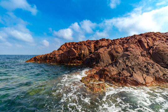 Rocks in the Mediterranean Sea in Saint Raphael, France summer 2021.