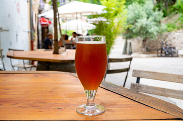 Glass of craft dark honey beer from brewery served outdoor