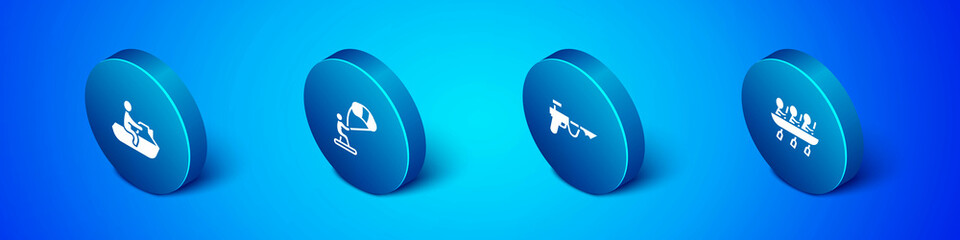 Set Isometric Jet ski, Fishing harpoon, Canoe rowing team sports and Kitesurfing icon. Vector