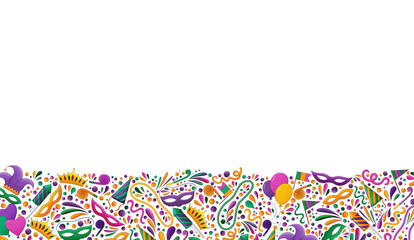Mardi Gras backgrond. Mardi Gras beads, yellow, green, purple. Colorful carnival border. Mardi Gras banner, textile, fabric texture. Tradition carnival symbols, confetti, mask, firework, festive flags - obrazy, fototapety, plakaty