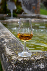 Glass of strong scotch single malt whisky served on old stone reservoir for water from mountain spring