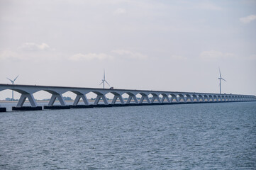 View on longest bridge in the Netherlands, Zealand bridge spans Eastern Scheldt estuary, connects islands of Schouwen-Duiveland and Noord-Beveland in province of Zeeland.