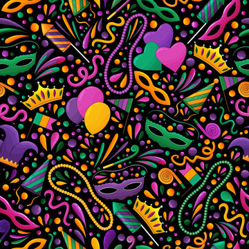 Mardi Gras pattern. Mardi Gras beads, yellow, green, purple. Colorful carnival backgroundr. Mardi Gras seamless print, textile, fabric texture. Tradition carnival symbols, confetti, mask, firework.