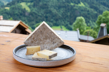 Cheese collection, French cheese tomme de savoie and french mountains village in Haute-Savoie on background