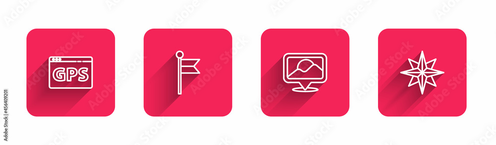 Poster set line gps device with map, location marker, and wind rose with long shadow. red square button. ve