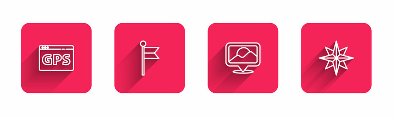 Set line Gps device with map, Location marker, and Wind rose with long shadow. Red square button. Vector