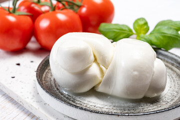 South Italian soft white mozzarella cheese made from buffalo cows milk served with ripe tomatoes and fresh green basil herb