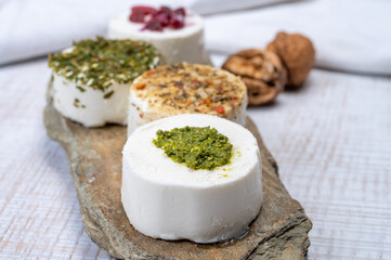 Cheese collection, variety of fresh white soft goat French cheeses with aromatic herbs, berries and green pesto