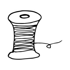 Hand drawn spool thread illustration. Spool of thread for needlework and sewing. Black and white vector illustration isolated on a white background.