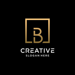 Creative monogram logo design initial letter b with square line art and golden color style