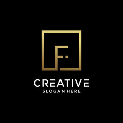 Creative monogram logo design initial letter f with square line art and golden color style